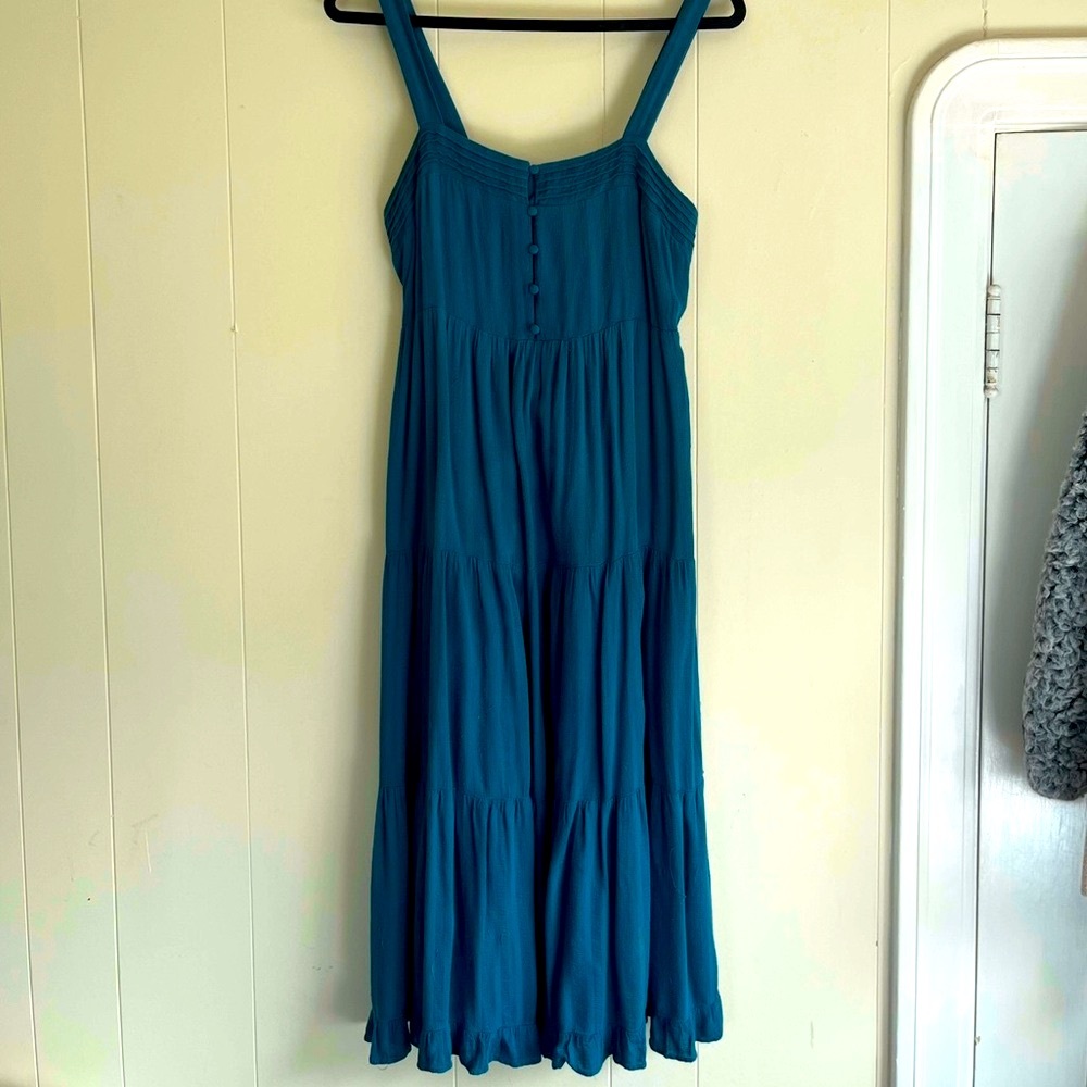 Button Front Sleeveless Dress in Teal Dragonfly Blue Midi Dress